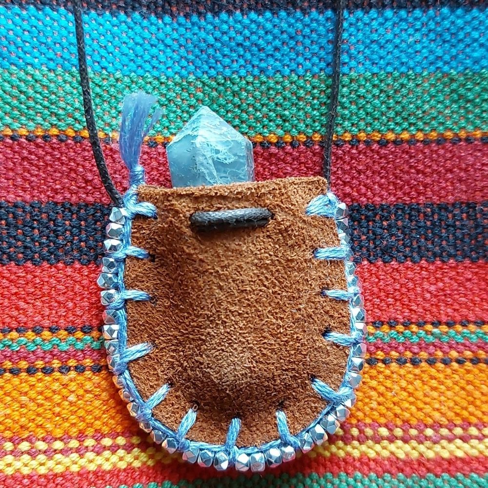 Leather Mini Mojo Bag Necklace by Rust Belt Raised Moss Agate Necklace - Picture 6 of 16